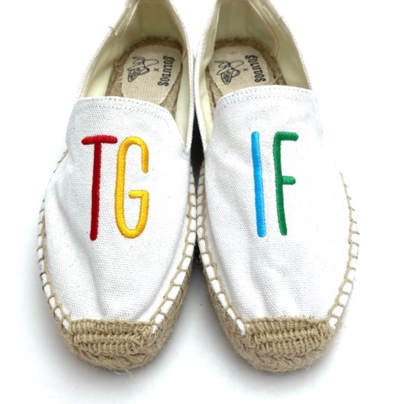 SOLUDOS x ASHKAHN TGIF Embroidered Canvas Espadrilles Flats in White Size 7.5 - Picture 3 of 12